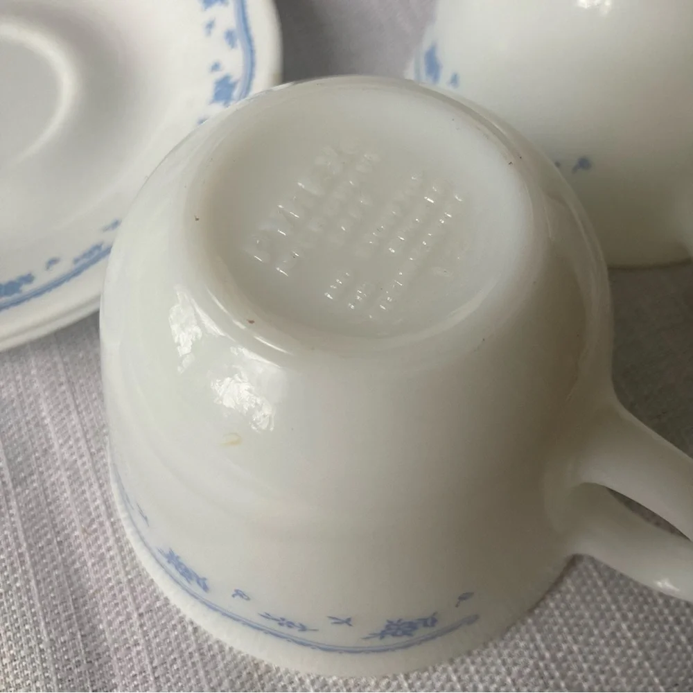 Pair of 'Morning Blue' Pyrex Cups and Corelle Saucers (see photos & description)